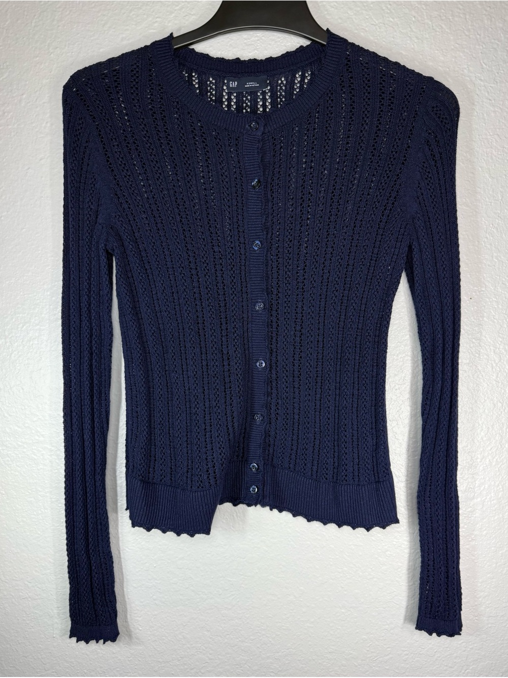 GAP Cardigan Women XS Navy Blue Linen Blend Pointelle Knit Button Front - Picture 2 of 5